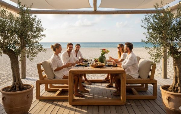 Gescova teakhouten tuinset met tafel en stoelen op terras aan de zee