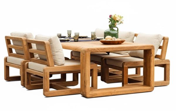 Gescova teakhouten tuinset met tafel en stoelen.