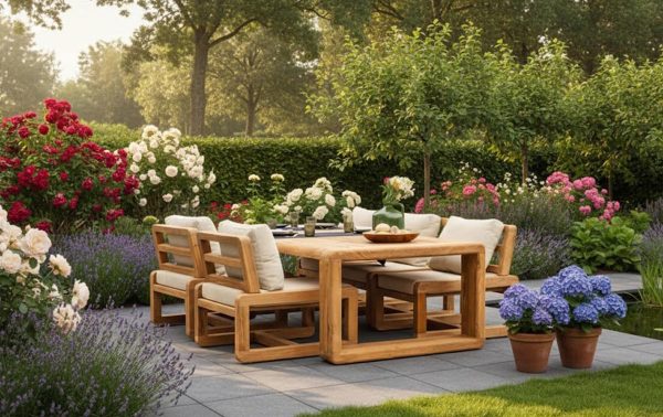 Gescova teakhouten tuinset met tafel en stoelen op terras in een bloeiende tuin